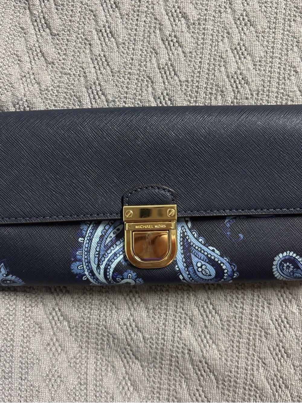 Michael Kors Navy Blue Paisley Saffiano Leather Wallet with Gold Hardware